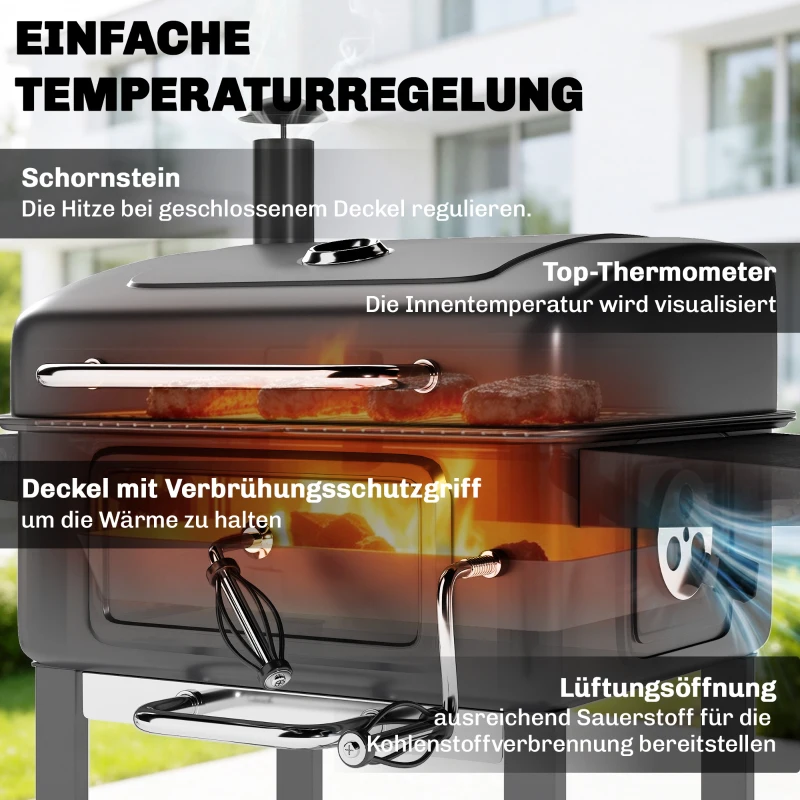 Outsunny Holzkohlegrill BBQ Smoker mit Deckel Thermometer höhenverstellbar Kohlepfanne Kamin Grillrost Seitentisch Aschefach