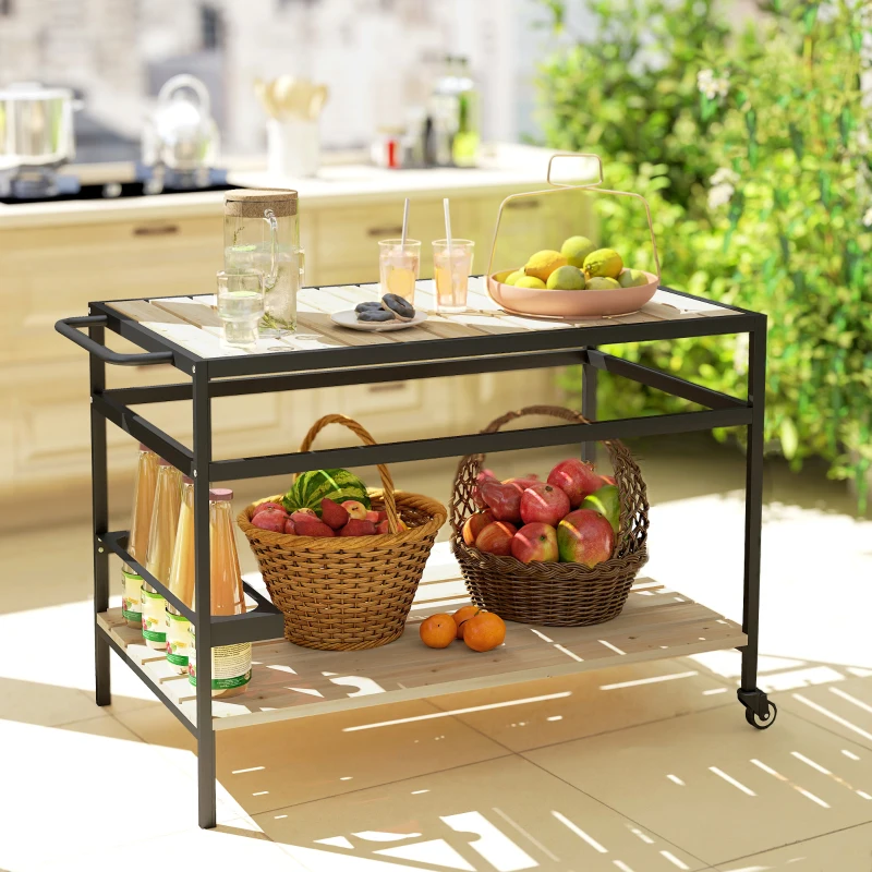 Outsunny Desserte de jardin chariot pour plancha en bois et métal 2 étagères 3 crochets 107 x 65 x 80 cm noir naturel