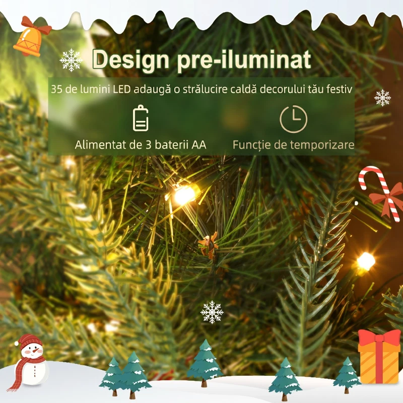 HOMCOM Ghirlandă de Crăciun de 60 cm cu lumini LED albe, timer, conuri, boabe și frunze de ilex, verde