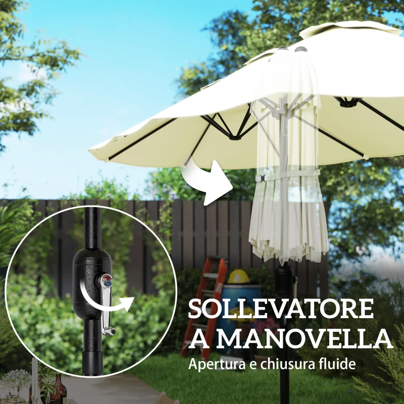 Outsunny Ombrellone Doppio a 12 Stecche con Manovella, Base a Croce e Sacchi, in Metallo e Poliestere, 3x1.5 m, Beige