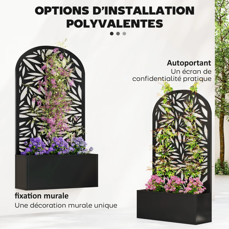 Outsunny Jardinière avec treillis, bac à fleurs en métal, à fixer au mur ou au sol, 61x23x113cm, noir