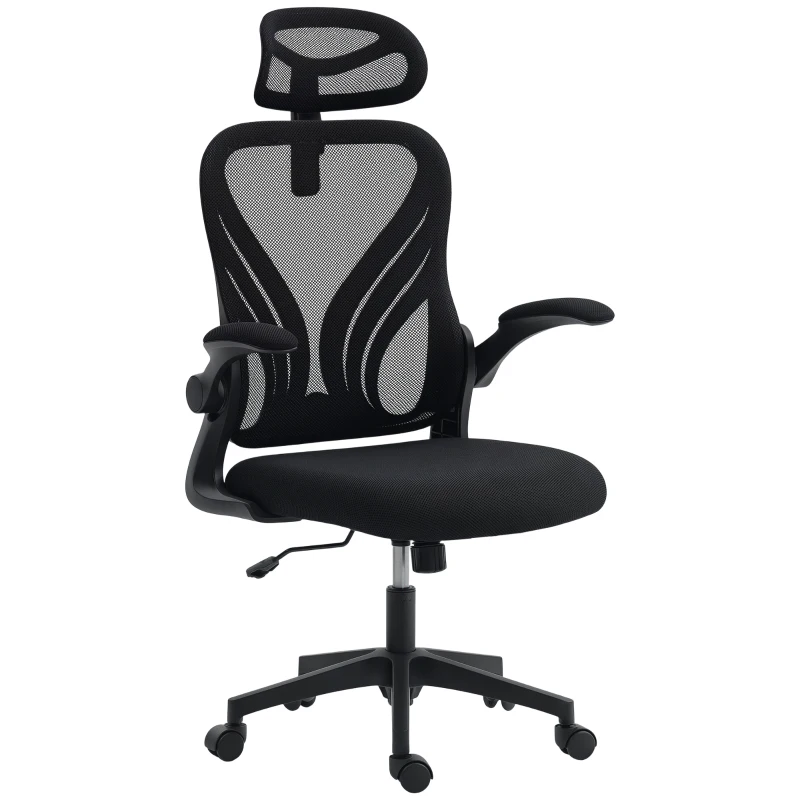 HOMCOM Chaise bureau, fauteuil de bureau en maille, dossier rabattable, appui-tête 2D, accoudoirs relevables, 73x62x136cm, noir