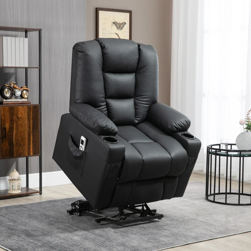 HOMCOM Poltrona relax com auxílio de elevação, USB, função de massagem, couro sintético, até 150 kg, 90x98x102 cm, Preto