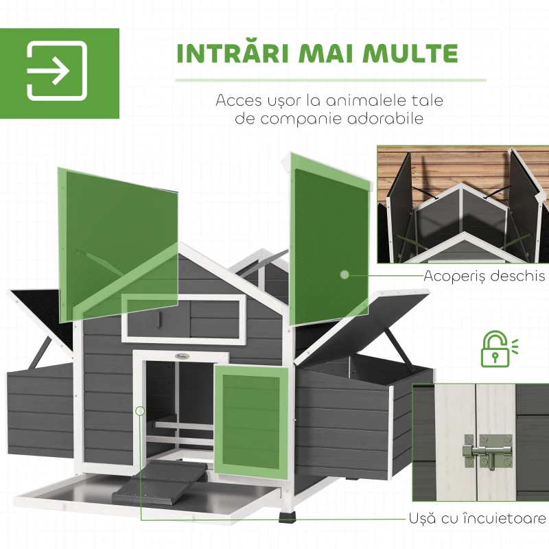 PawHut Coteț de exterior din lemn cu 2 cuiburi, tavă detașabilă și acoperiș din asfalt, gri