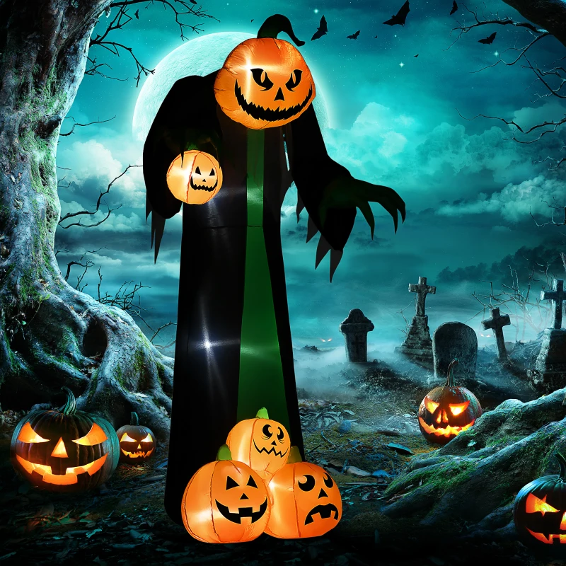 HOMCOM Halloween-Deko, 2,40m großer Kürbisgeist, selbstaufblasend, LED-Beleuchtung, für Außenbereiche