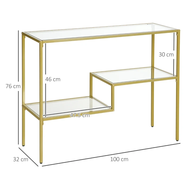 HOMCOM Consolle da Ingresso a 3 Ripiani in Acciaio e Vetro Temperato, 100x32x76 cm, Oro