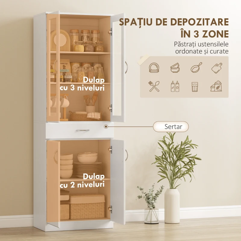 HOMCOM Bufet de Bucătărie cu 2 Dulapuri și un Sertar, Rafturi Reglabile și Uși din Sticlă, 60x35x180 cm, Alb