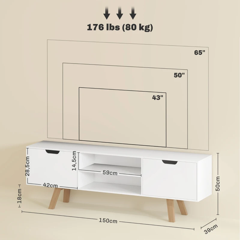 HOMCOM Móvel para TV com gavetas e prateleiras abertas, MDF, 150 x 39 x 50 cm, Branco