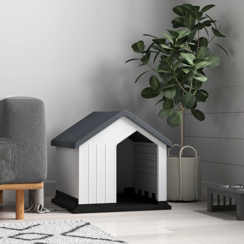 PawHut Casetta per Cani Piccoli e Mini da Esterno Impermeabile in Plastica con Finestra, 62x61x60 cm, Grigio