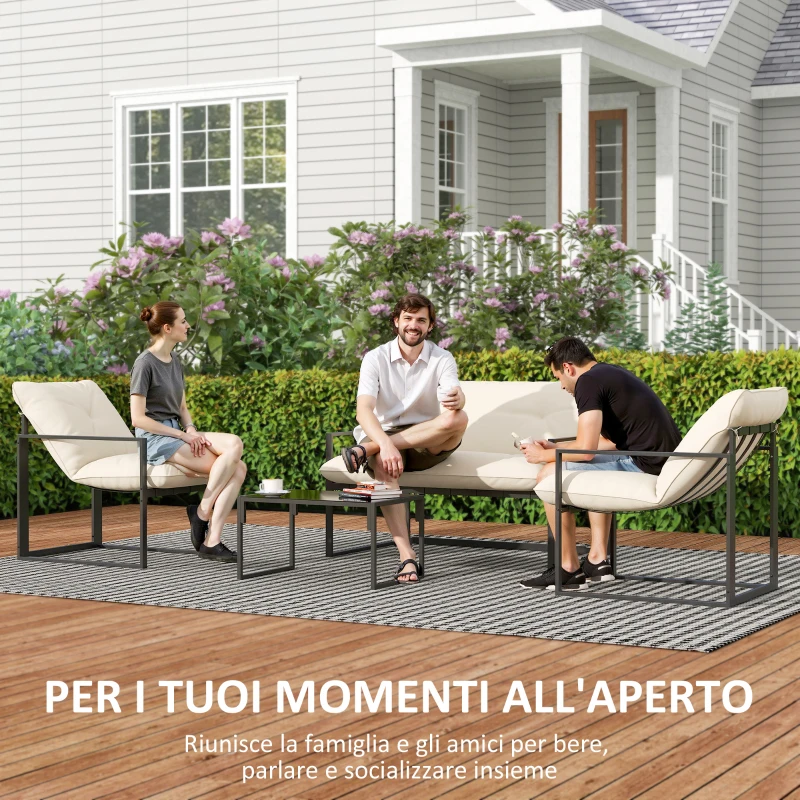 Outsunny Set da Giardino 4 Pezzi con Divanetto, 2 Poltrone e Tavolino, in Acciaio, Poliestere e Cotone PP, Beige e Grigio