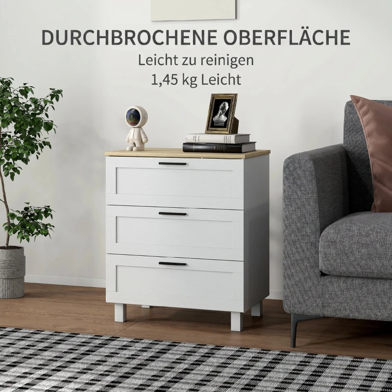 HOMCOM Comodă cu 3 Sertare Modernă din Lemn, 60x38x71 cm, Alb și Aspect de Lemn