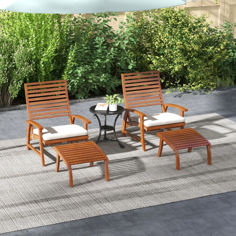 Outsunny Fauteuils de jardin - chaises relax avec repose-pieds lot de 2 - ensemble de 4 pièces bois d'acacia avec coussins crème
