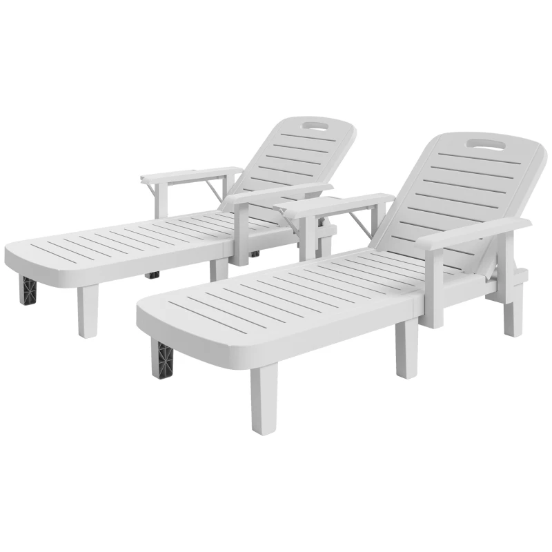 Outsunny Set 2 Sdraio da Giardino Regolabili con Tavolino e Braccioli, in Polipropilene, 79x158x88 cm, Bianco