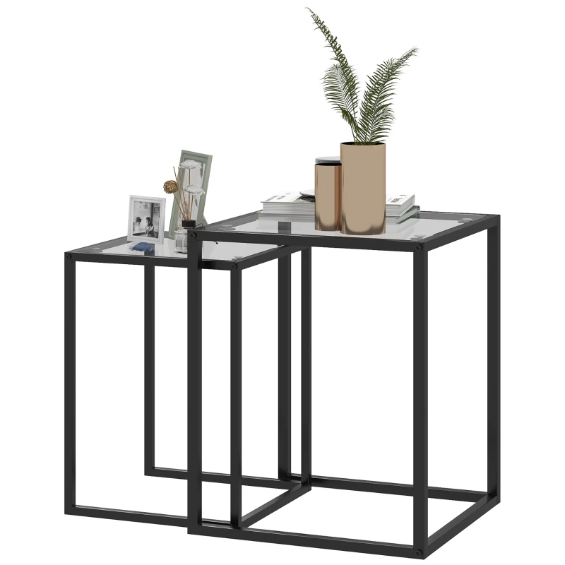 HOMCOM Juego de Mesas de Centro Apilables con Encimera de Vidrio Templado y Marco de Acero 33x33x45,5 cm y 42x42x51 cm Negro