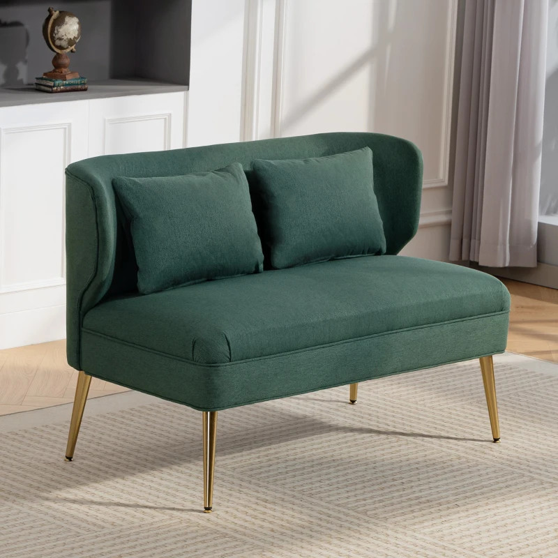 HOMCOM 2 Seater Sofa, Linen-look Fabric Small Sofa with Wing Back, Thick Seat, Metal Legs, Dark Green