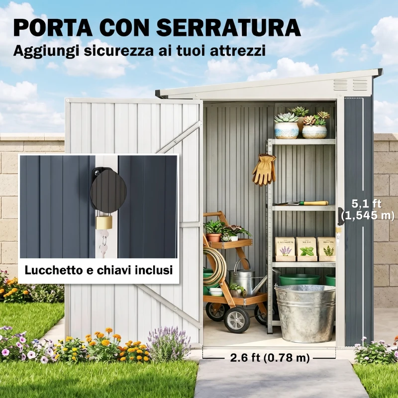 Outsunny Casetta da Giardino in Acciaio 1.2x1.9 m con Porta Bloccabile e Prese d'Aria, Grigio Scuro