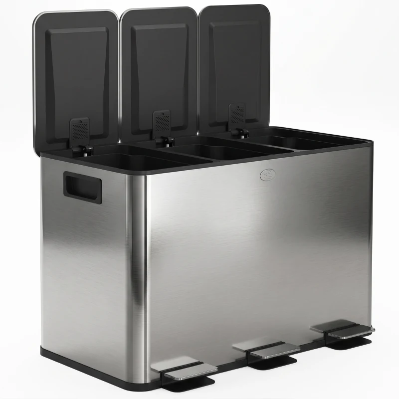 HOMCOM Coș de Gunoi cu 3 Compartimente de 20L cu Închidere Silențioasă, din Oțel Inoxidabil și PP, 61.9x36.6x56.7 cm