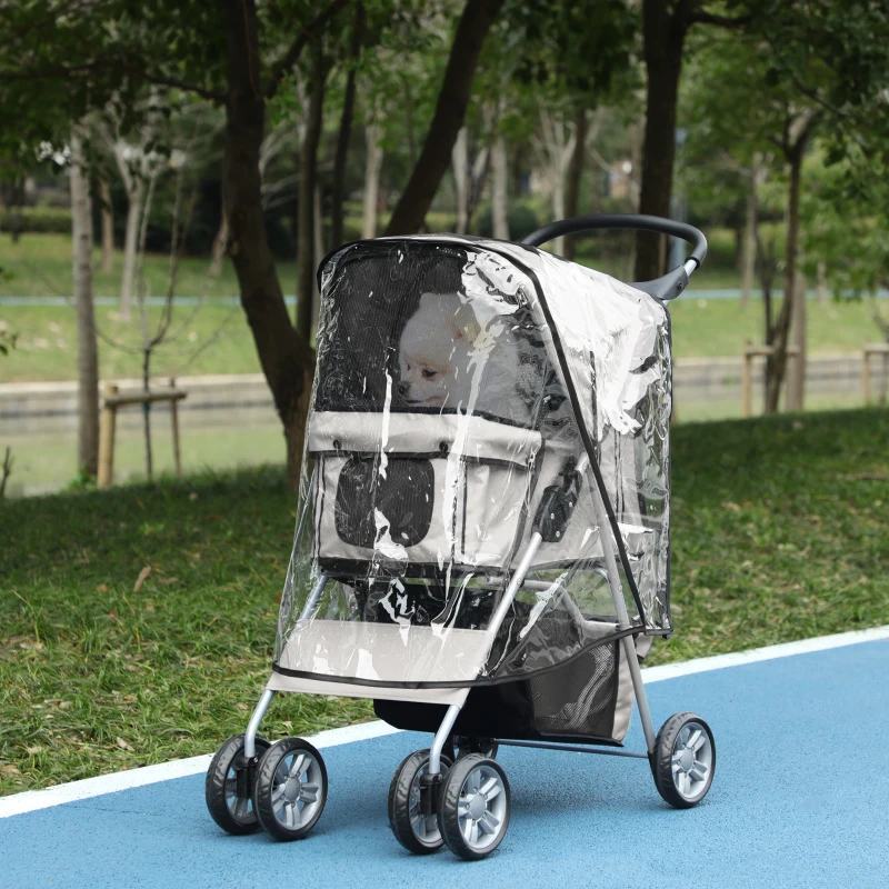 PawHut Pet Stroller for Small Miniature Dogs, Cats, Foldable Travel Carriage with Wheels Zipper Entry, Cup Holder, Storage Basket - Grey