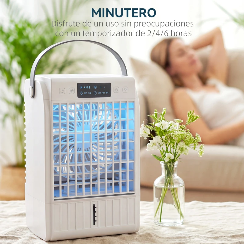 HOMCOM Mini Enfriador de Aire 4 en 1 con 4 Velocidades 2 Modos de Nebulización Luz LED RGB de 7 Colores Blanco