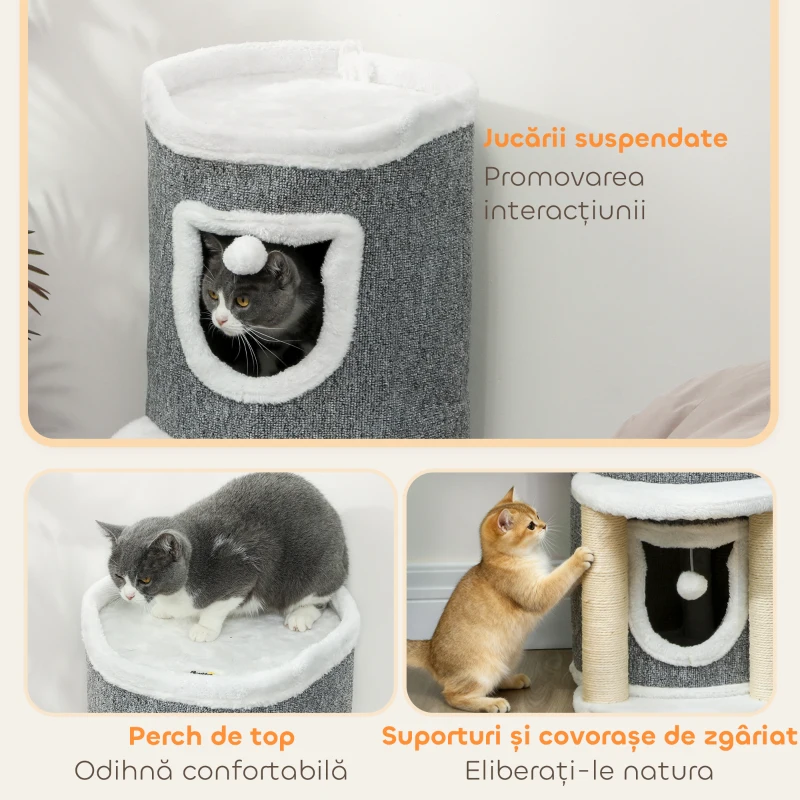 PawHut Arbore pentru Zgâriat, Înălțime de 76 cm, pentru Pisici, cu Căsuțe, Pat, Bile și Stâlpi Acoperiți cu Sisal, Gri