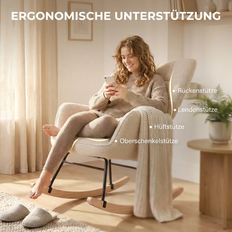 HOMCOM Schaukelstuhl im Retro-Design, Massivholz, Sessel, Relaxsessel, 98 cm x  71 cm x 101 cm, Beige(m-5)