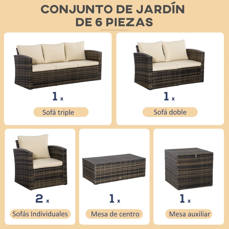 Outsunny Conjunto de Jardín Exterior de Ratán 6 Piezas Cojines Sofá Doble Sofá 3 Plazas 2 Sillones 2 Mesas Auxiliares Caqui