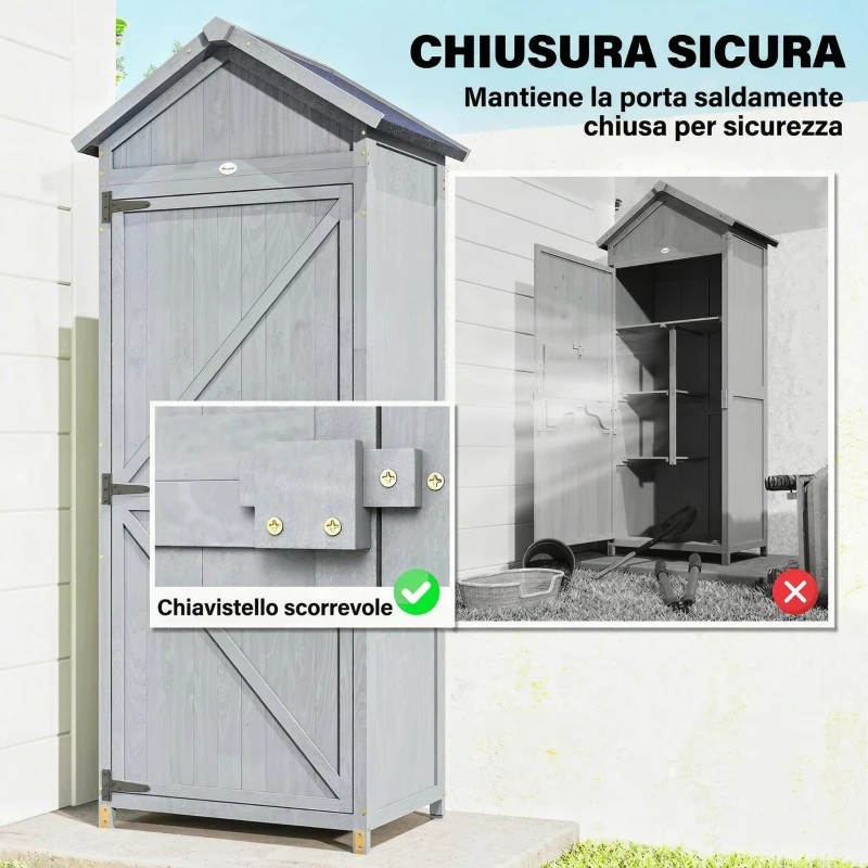 Outsunny Casetta Porta Attrezzi in Legno di Abete con 3 Ripiani e Banco da Lavoro Ribaltabile, 77x52.5x178 cm, Grigio