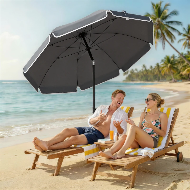 Outsunny 1.8 m Beach Umbrella Parasol with Sand Anchor, Portable 30° Tilting Patio Sun Shade with Adjustable Height, Dark Grey