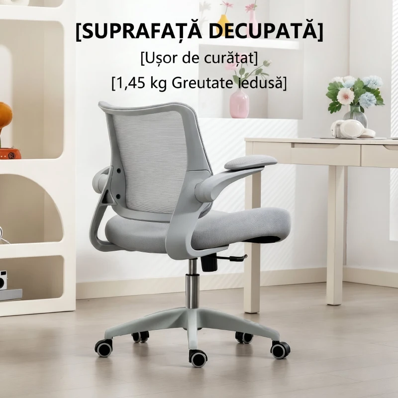 HOMCOM Scaun de Birou Ergonomic cu Brațe Reglabile, Spătar din Plasă și Tetieră, Gri