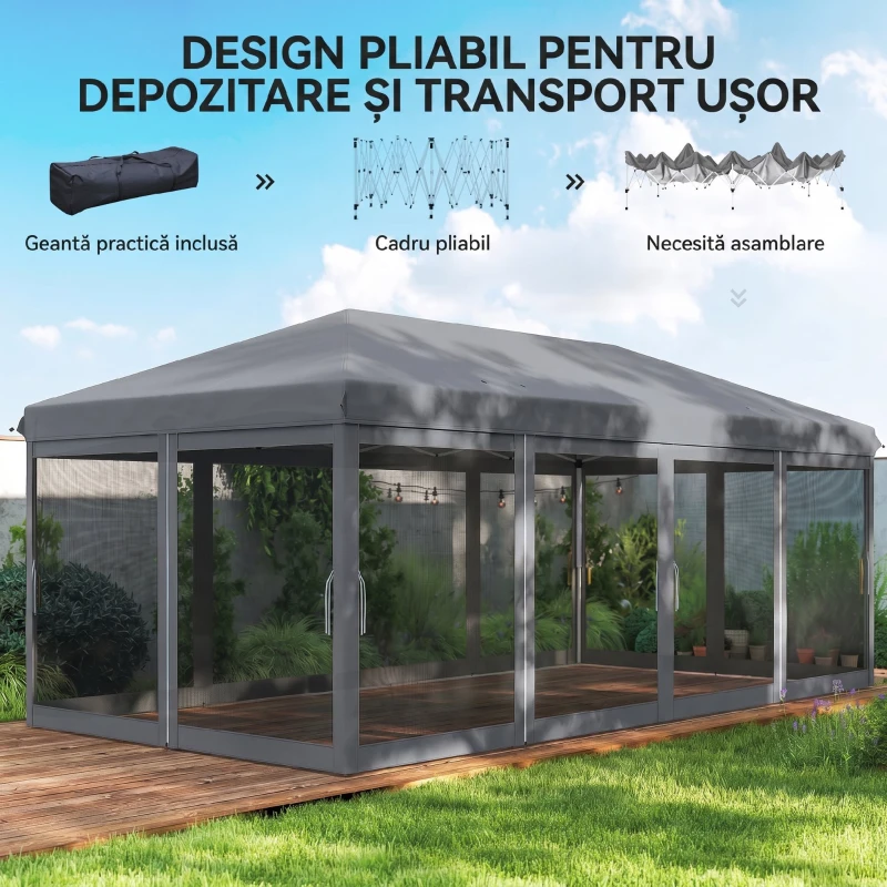 Outsunny Foișor de Grădină Pliabil 6x3 m cu 6 Plase de Țânțari și Buton, din Oțel și Poliester, Gri