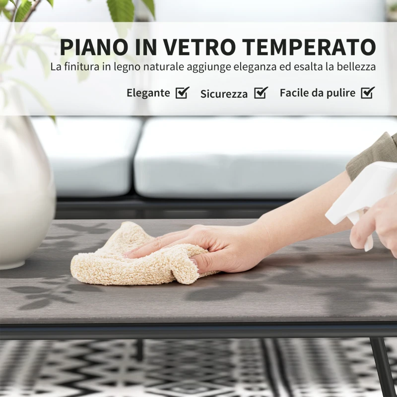 Outsunny Set da Giardino Rattan con Divanetto 2 Posti, 2 Poltrone e Tavolino in Vetro, Cuscini Sfoderabili, Grigio
