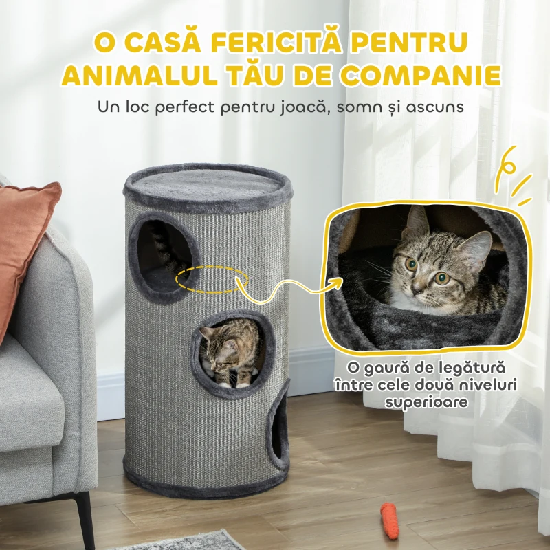 PawHut Căsuță pentru Pisici cu 3 Niveluri și Sisal pentru Zgâriat, cu Pluș, Ø38x70cm, Gri