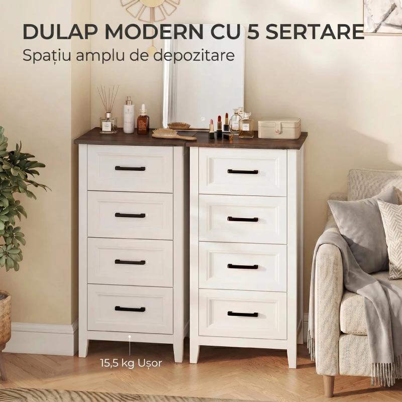 HOMCOM Comodă îngustă compactă economisire spațiu, MDF, 45 x 35 x 87 cm, Alb și Maro
