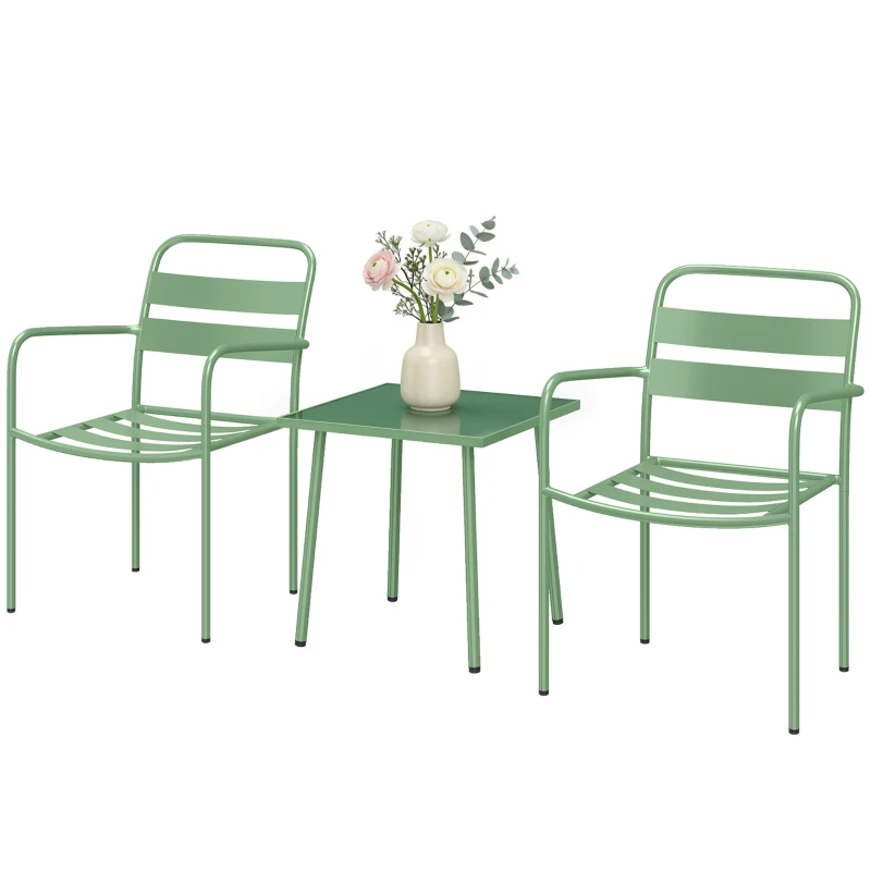 Outsunny Ensemble bistrot de jardin 3 pièces - table basse en verre trempé et 2 chaises à lattes, cadre en acier galvanisé, vert