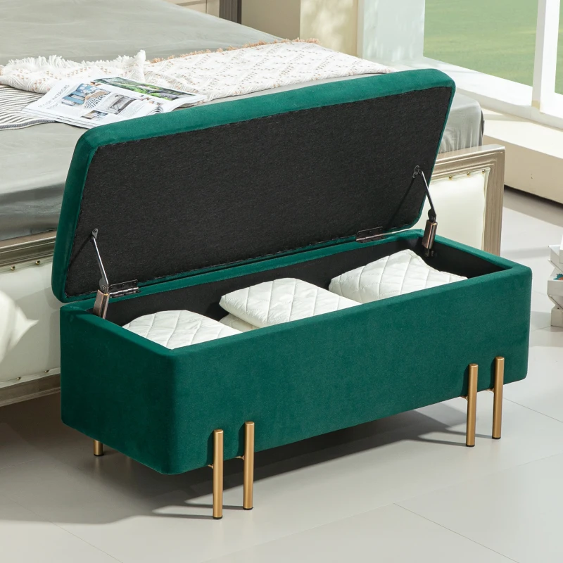 HOMCOM Banco com Baú Banco Estofado com Armazenamento Metal Madeira de Seringueira Espuma 100x40x42 cm Verde
