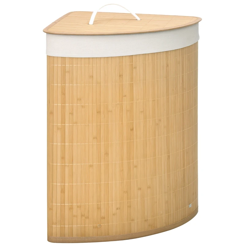 HOMCOM Bamboo Laundry Basket with Lid, 55 Litres Laundry Hamper with Removable Washable Lining,  Corner Washing Baskets, 38 x 38 x 57cm, Natural