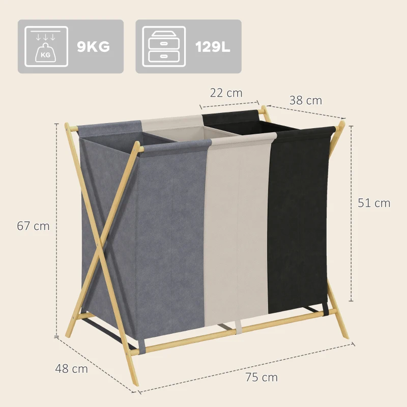 HOMCOM Cesto Portabiancheria Pieghevole a 3 Scomparti, in Bambù e Tessuto Effetto Lino, 75x48x67 cm, Multicolore
