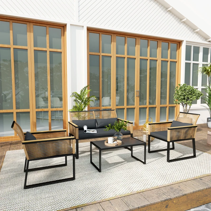 Outsunny Salotto da Giardino in Rattan PE con Divano 2 Posti, 2 Poltrone, Tavolino in Vetro e Cuscini, Nero
