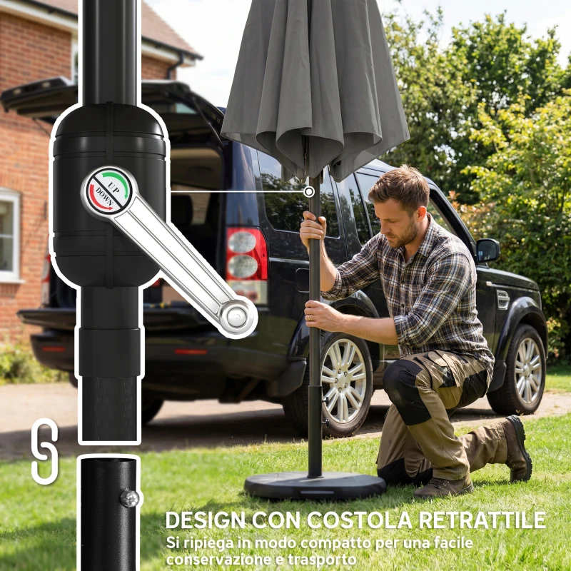 Outsunny Ombrellone Rotondo Inclinabile 3x3 m con Manovella, in Metallo e Poliestere, Grigio Scuro