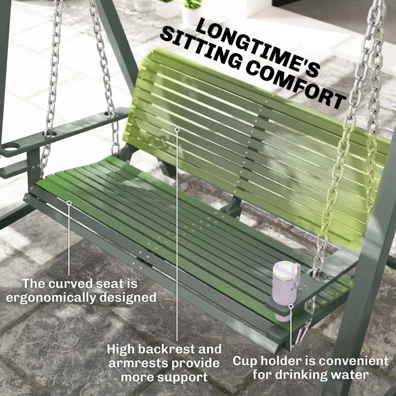 Outsunny 2 Seater Garden Swing Seat, Wooden Swing Chair Bench with Cup Holders for Outdoor Porch Patio, Grey