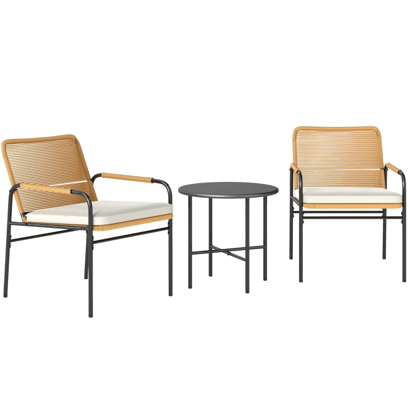 Outsunny Conjunto de Muebles de Jardín de Ratán Sintético con 2 Sillas con Cojines Extraíbles y Mesa con Tablero de Metal Natural