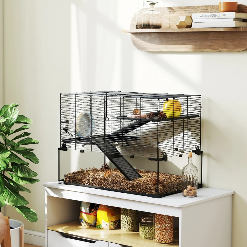 PawHut Cușcă pentru Hamsteri cu 3 Niveluri cu Bază din Sticlă Temperată, Roată și Accesorii, 76,5x48,5x54,5 cm, Negru