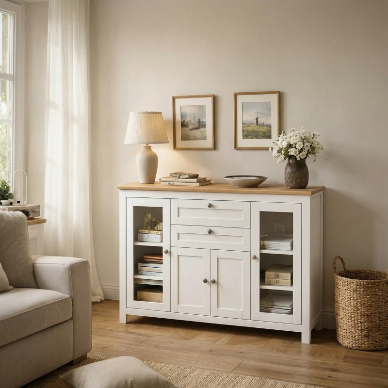 HOMCOM Buffet salon, meuble de rangement avec 1 placard double porte, 2 placards à porte vitrée, 2 tiroirs et étagère réglable, style moderne, buffet salle à manger et cuisine, 120x40x90cm, blanc(m-13)