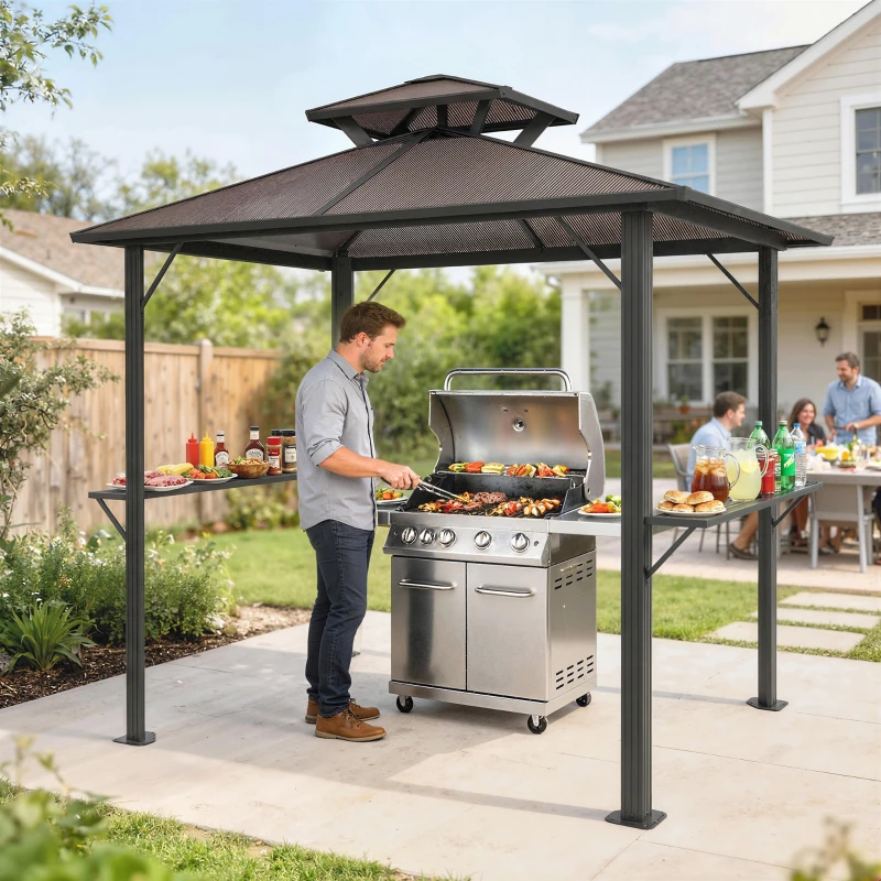 Outsunny Grillpavillon 2,5 x 1,5 m, Wasserdicht Grillüberdachung mit Doppeldach aus Polycarbonat Seitenablage Braun