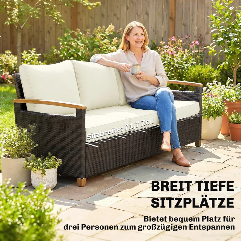 Outsunny Rattan Sofa mit Kissen, 3-Sitzer Gartensofa Loungesofa mit Stahlrahmen für Terrasse Garten 192 x 74 x 79 cm Cremeweiß