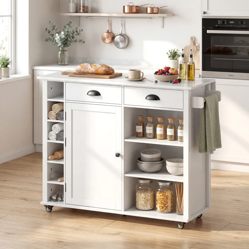HOMCOM Isla de Cocina con Ruedas Tapa Abatible Estantes en la Puerta Toallero Armario 2 Cajones 117,5x70x91 cm Blanco