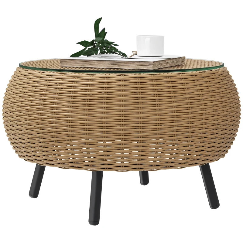 Outsunny Beistelltisch aus Polyrattan runder Kaffeetisch Couchtisch mit Glas Tischplatte Ø75 x 42 cm Braun