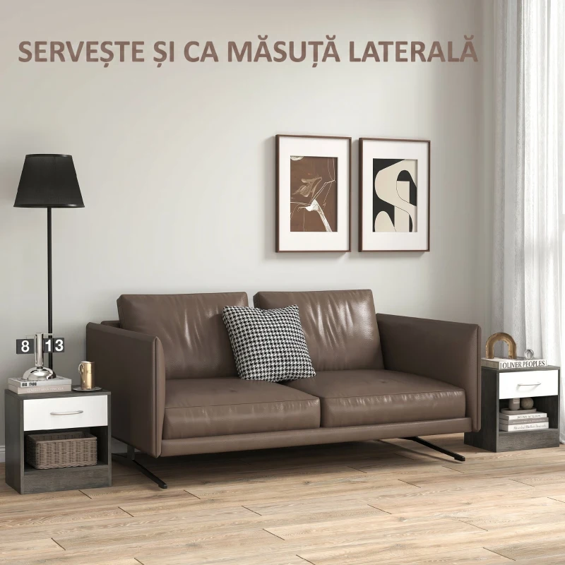 HOMCOM Set de 2 Noptiere Moderne cu Raft Deschis și Sertar, din Lemn, 39x28x41 cm, Alb și Gri Închis