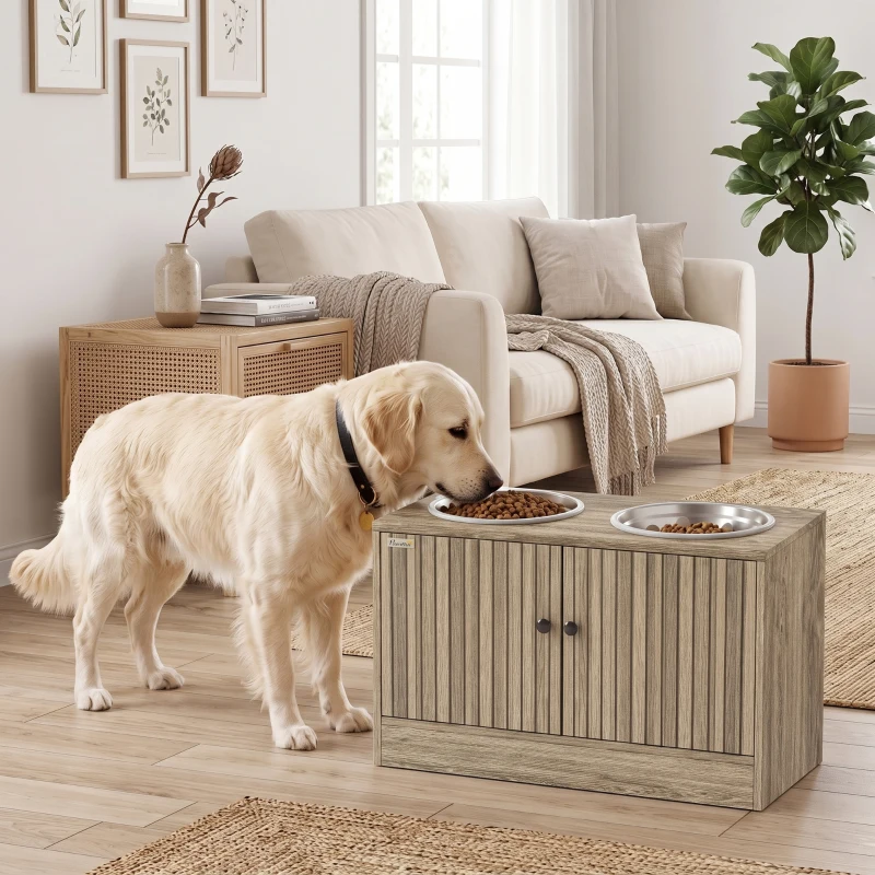 PawHut Hundefutterstation mit 2 Edelstahl-Näpfen, Schrank für Utensilien, für große Hunde, Zubehör, Braun