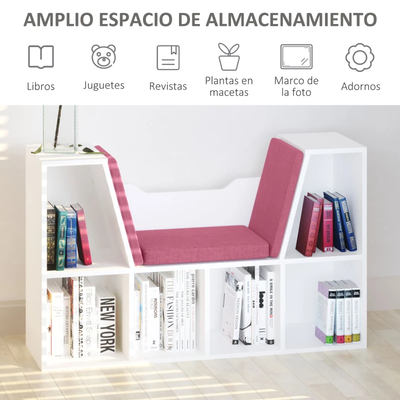 HOMCOM Librería con Asiento Estantería de Libros con 6 Cubos Cojín para Sala de Estar Dormitorio 102x30x61cm Blanco y Rosa